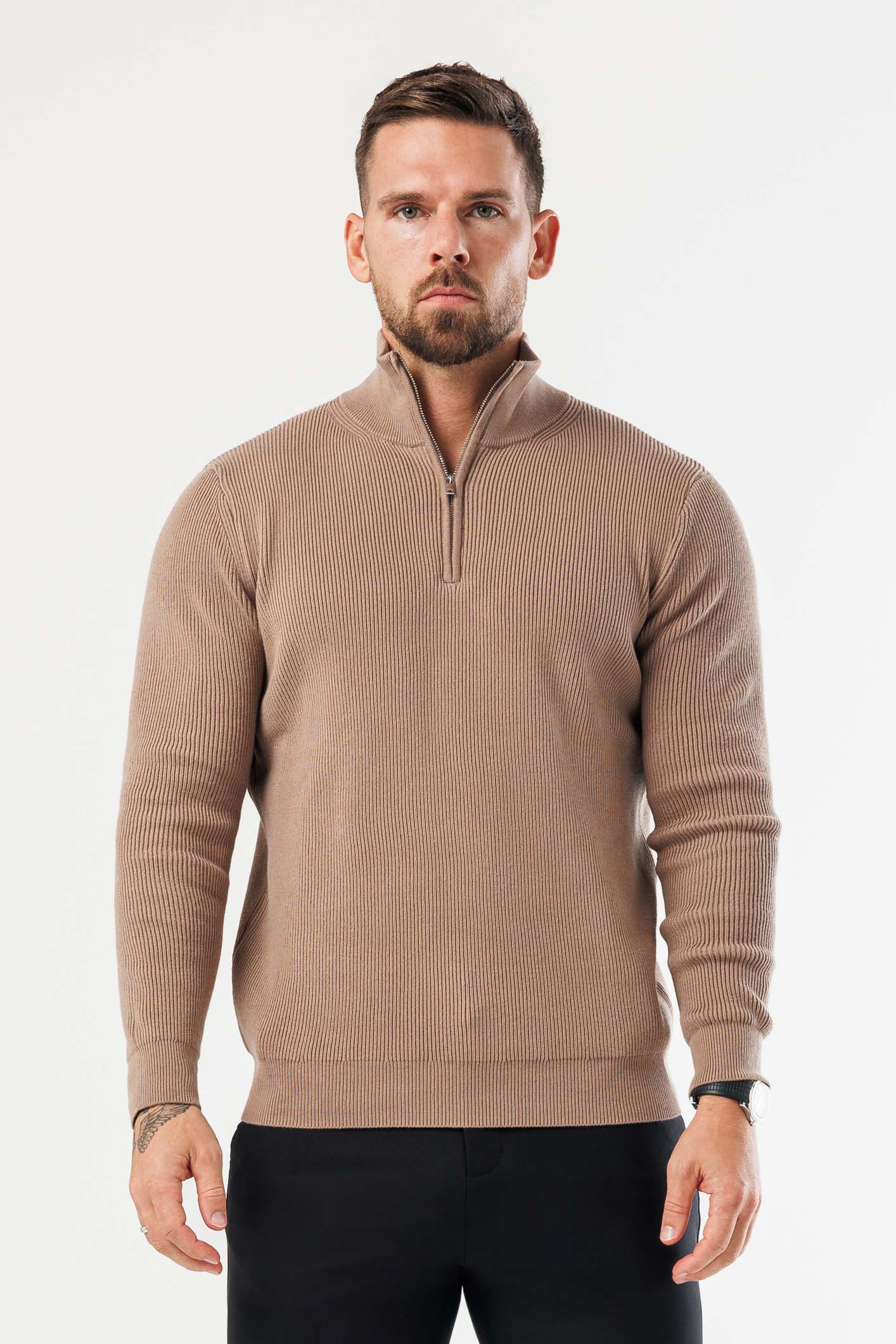 RIDGE KNIT QUARTER ZIP - BROWN
