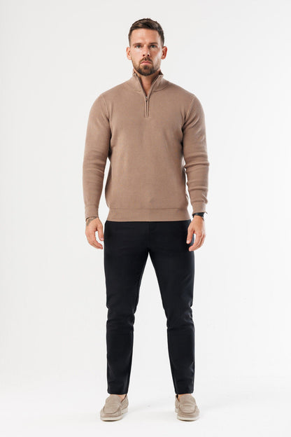 RIDGE KNIT QUARTER ZIP - BROWN