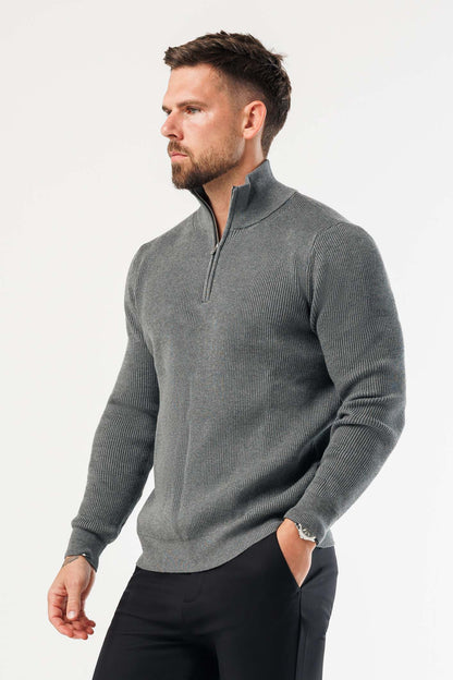RIDGE KNIT QUARTER ZIP - DARK GREY MARL