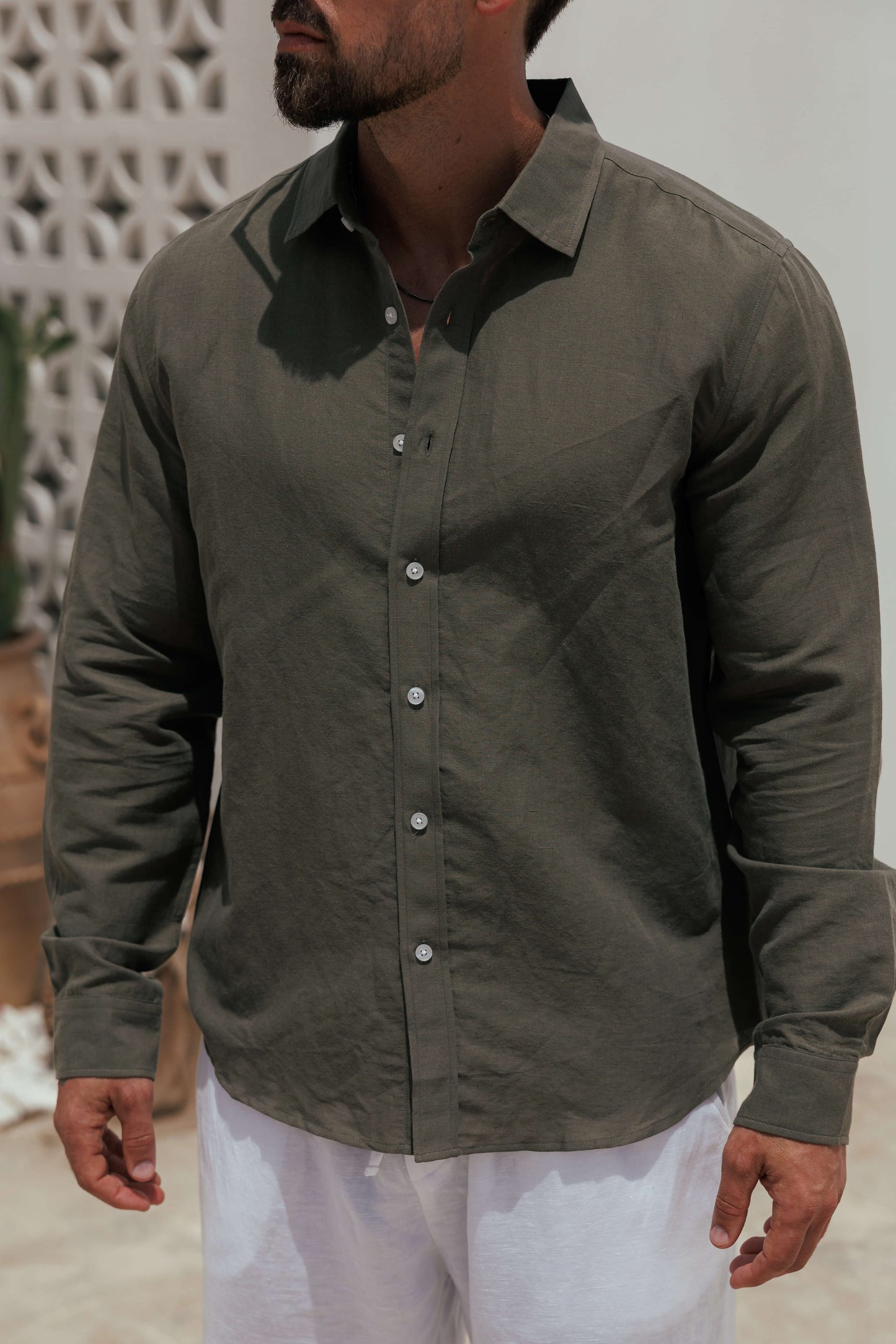 LUXE LINEN SHIRT - DARK OLIVE