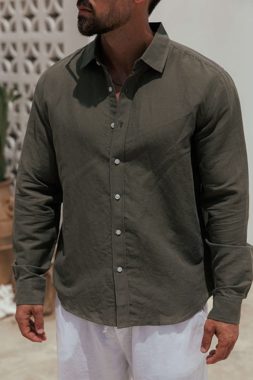 LUXE LINEN SHIRT - DARK OLIVE