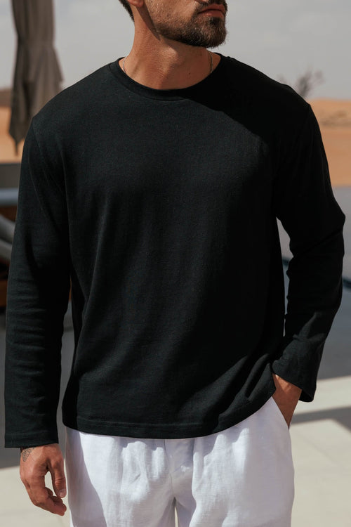CROPPED LINEN T-SHIRT - BLACK