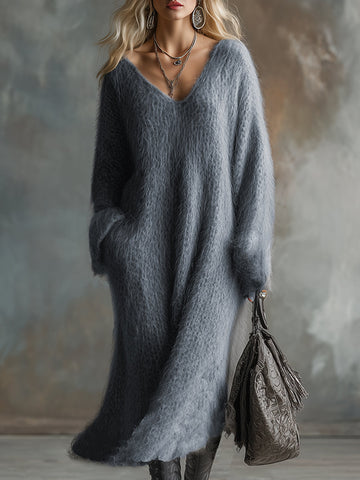 Comfortable Lazy V-neck Gray Imitation Rabbit Fur Knitted Long-sleeved Maxi Dress