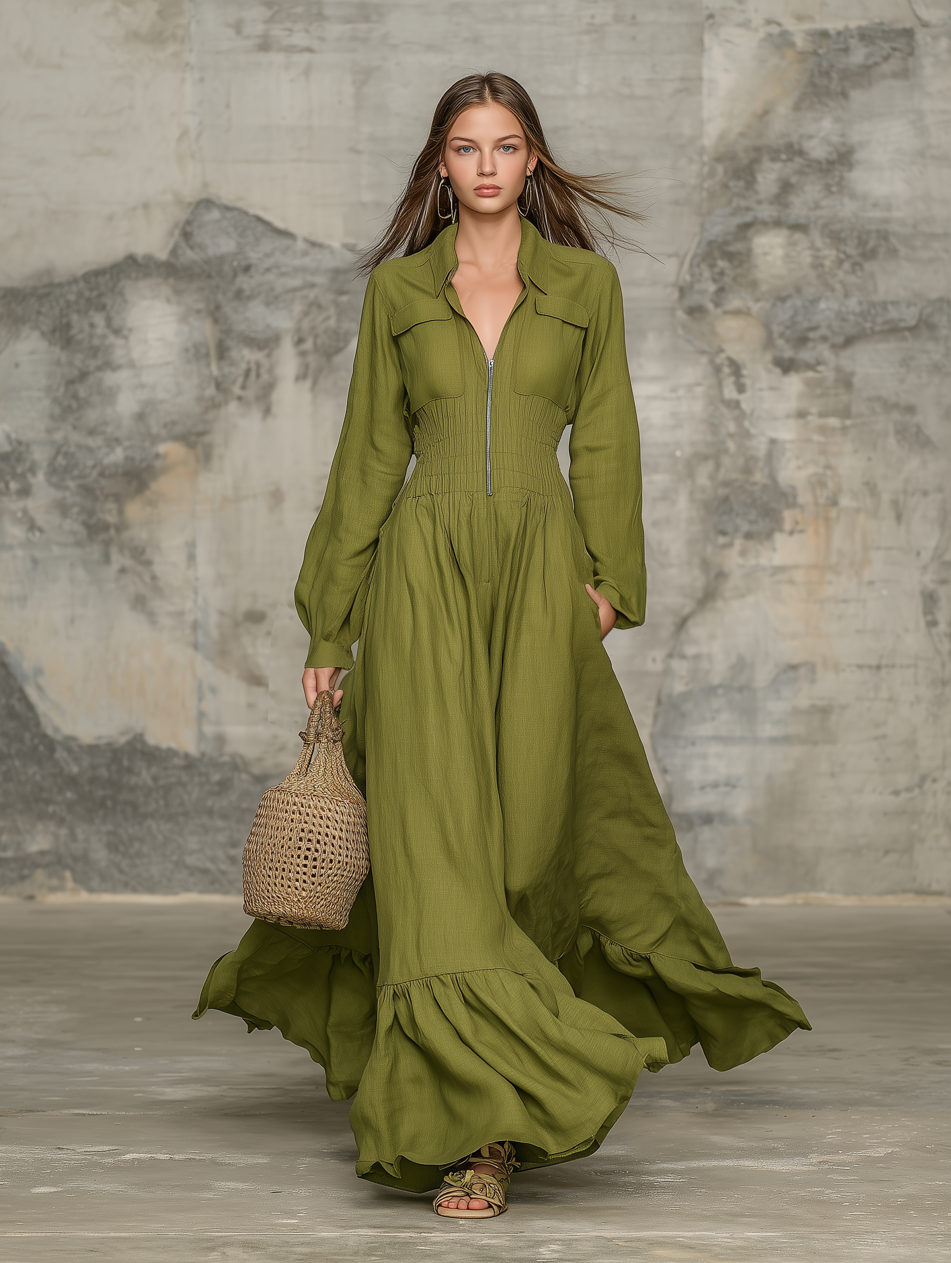 Western-style Olive Green Linen Maxi Dress With Zipper And Elastic Waistband