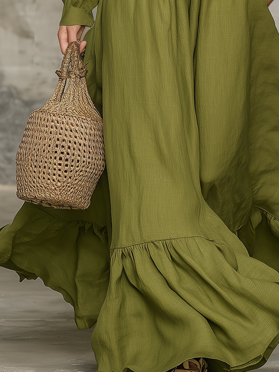 Western-style Olive Green Linen Maxi Dress With Zipper And Elastic Waistband
