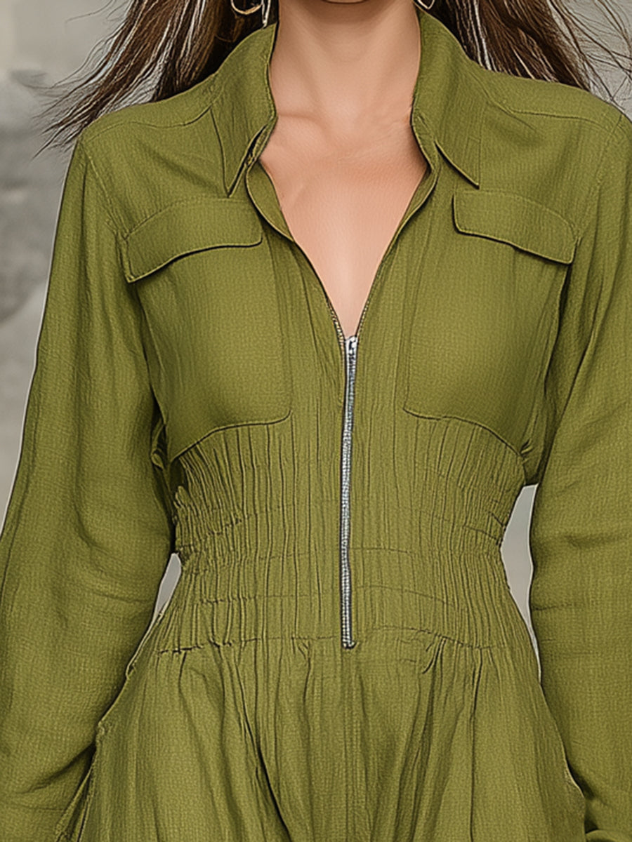 Western-style Olive Green Linen Maxi Dress With Zipper And Elastic Waistband