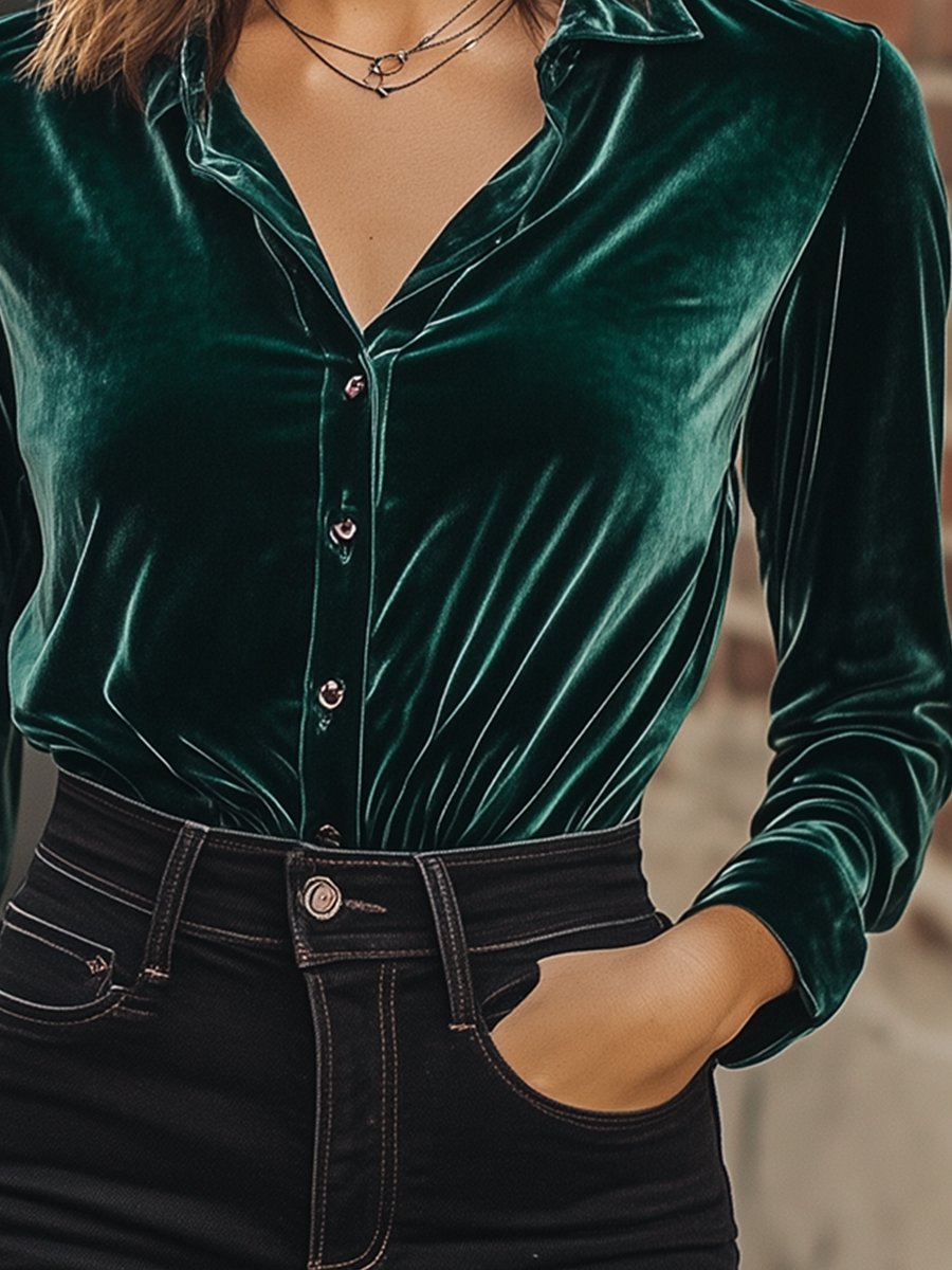 【24-hour shipping out】Casual Fashion Retro Loose Versatile Velvet Shirt