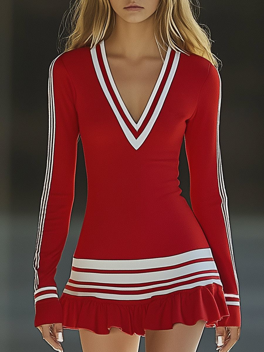 【24-hour shipping out】Fashionable Sports White Striped Red V-neck Long Sleeve Mini Dress
